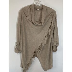 Chico's Rosette Women Cowl Neck Poncho Tasseled Sweater Rolled Cuff Brown Small